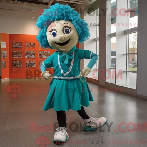 Costume De Mascotte Redbrokoly De Danseuse Irlandaise Turquoise Habillé D Un T-Shirt Henley Et De Clips Pour Écharpe