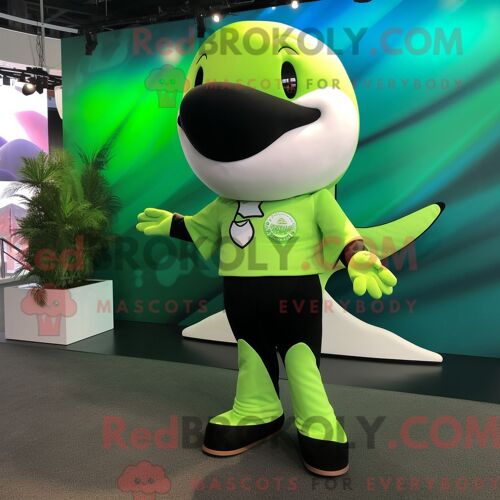 Personnage De Costume De Mascotte Redbrokoly D Épaulard Vert Citron Habillé D Un Maillot De Bain Et De Pochettes De Costume
