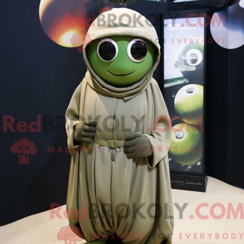 Personnage De Costume De Mascotte Redbrokoly De Boulet De Canon Humain Olive Habillé Avec Une Dissimulation Et Des Épingles De Châle