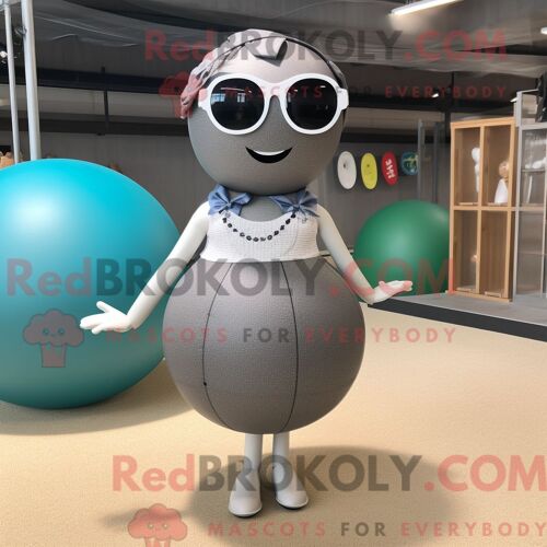 Mascotte Redbrokoly De Boule De Pétanque Grise Costume De Personnage Habillé Avec Un Bikini Et Des Lunettes De Soleil