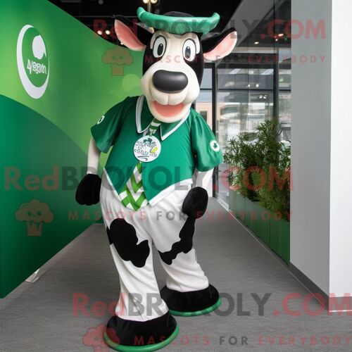 Costume De Mascotte Redbrokoly De Vache Holstein Verte Forêt Personnage Habillé Avec Une Mini-Jupe Et Des Broches