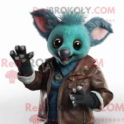 Costume De Mascotte Redbrokoly Sarcelle Aye-Aye Habillé D Une Veste En Cuir Et De Mitaines