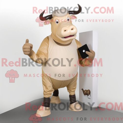 Costume Mascotte Redbrokoly De Taureau Beige Habillé D Un Col Roulé Et De Pochettes