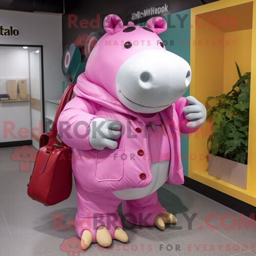 Costume Mascotte Redbrokoly D Hippopotame Rose Personnage Habillé D Un Manteau Et De Sacoches