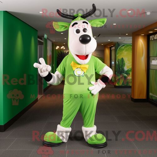 Costume De Mascotte Redbrokoly De Vache Holstein Vert Citron Habillé D Un Polo Et De Bandeaux