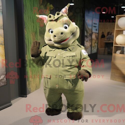 Personnage Mascotte Redbrokoly D Un Rhinocéros Olive Habillé D Une Chemise Boutonnée Et De Mitaines