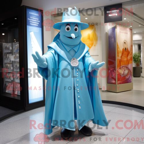 Personnage Mascotte Redbrokoly D Un Magicien Bleu Ciel Habillé D Un Imperméable Et De Boutons De Manchette