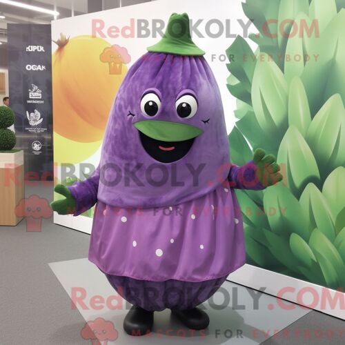 Personnage De Costume De Mascotte Redbrokoly De Pastèque Violette Habillé Avec Une Jupe Portefeuille Et Des Ceintures De Smoking