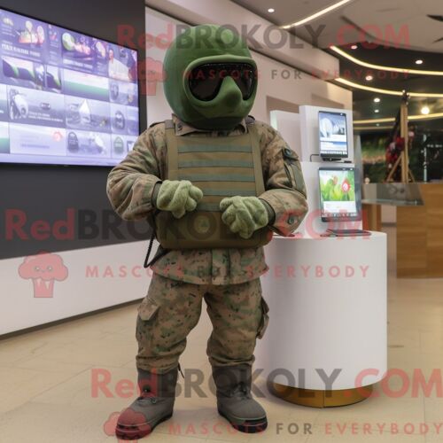 Personnage De Costume De Mascotte Redbrokoly De Soldat De L Armée D Olive Habillé D Une Combinaison Et De Montres Numériques
