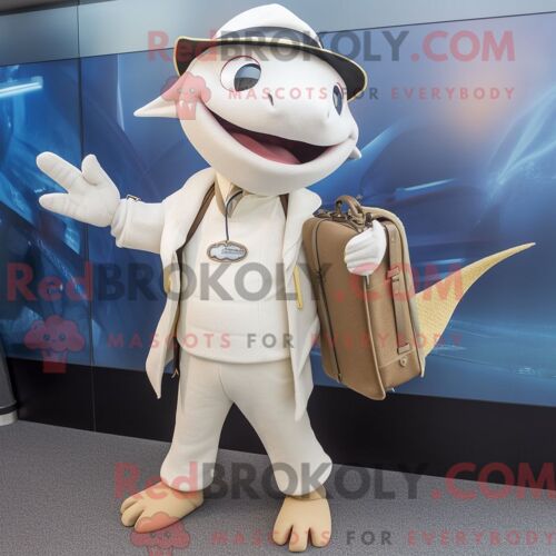 Costume De Mascotte Redbrokoly D Espadon Crème Personnage Habillé D Un Pull Et De Sacs Besaces