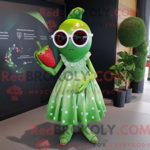 Personnage De Costume De Mascotte Redbrokoly De Fraise Vert Citron Habillé D Une Robe Portefeuille Et De Lunettes