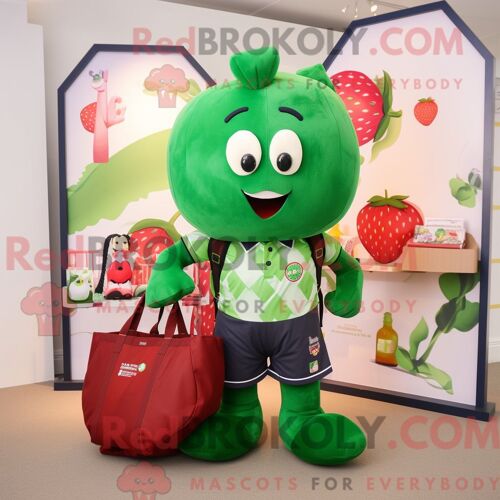Personnage De Costume De Mascotte Redbrokoly De Fraise Verte Habillé D Une Chemise De Rugby Et De Sacs Fourre-Tout