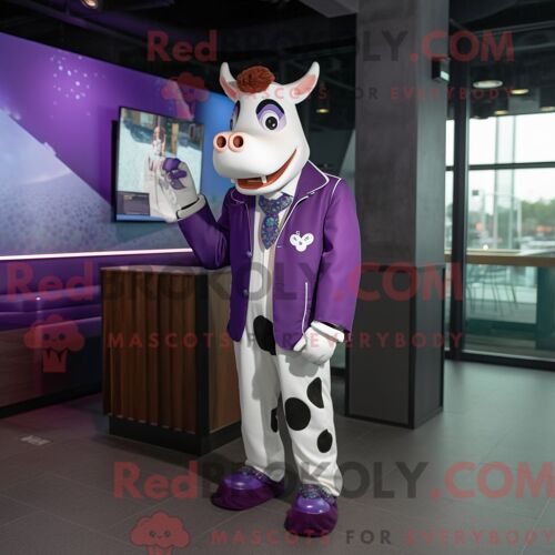 Mascotte Redbrokoly De Vache Holstein Violette Habillée D Un Blazer Et De Montres Numériques