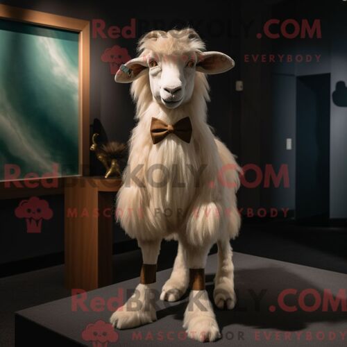 Costume De Mascotte Redbrokoly De Chèvre Angora Beige Personnage Habillé Avec Un Pantalon Habillé Et Des Noeuds Papillons