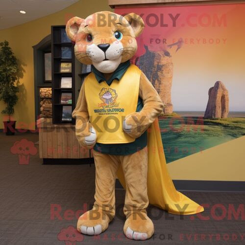 Costume De Mascotte Redbrokoly De Lion De Montagne En Or Habillé D Un Bermuda Et D Écharpes