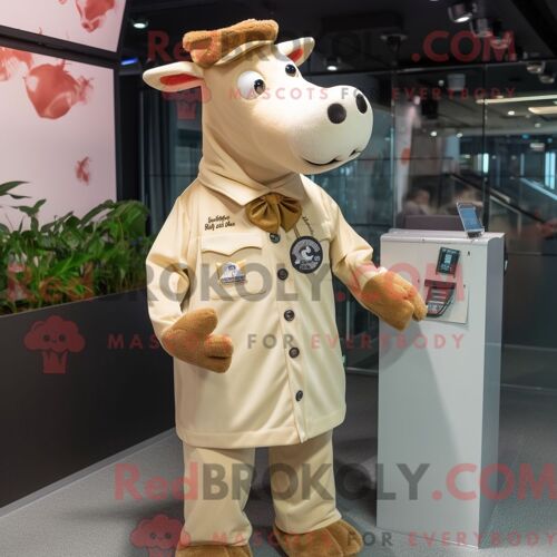 Costume De Mascotte Redbrokoly De Vache En Jersey Beige Personnage Habillé D Une Combishort Et D Épinglettes