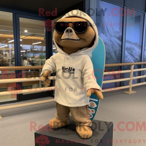 Personnage De Costume De Mascotte Redbrokoly De Skateboard Beige Habillé Avec Un Short De Bain Et Des Épingles À Châle
