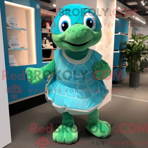 Personnage Mascotte Redbrokoly D Une Tortue Turquoise Habillée D Une Robe Midi Et De Lacets De Chaussures