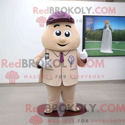 Personnage Mascotte Redbrokoly D Un Prune Beige Habillé D Une Veste Et De Pinces À Chaussures
