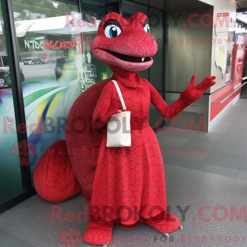 Personnage Mascotte Redbrokoly D Un Python Rouge Habillé D Une Jupe Trapèze Et De Pochettes
