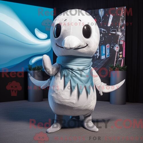 Personnage Mascotte Redbrokoly D Un Narval Argenté Habillé D Un Body Et De Pinces À Foulard