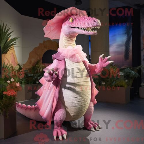 Personnage Mascotte Redbrokoly D Un Spinosaure Rose Habillé D Un Gilet Et De Châles