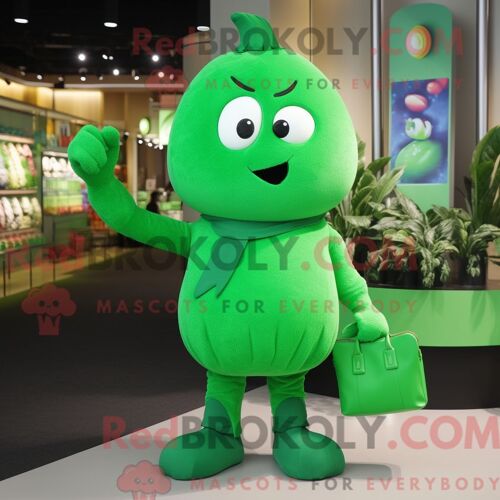 Personnage Mascotte Redbrokoly D Un Haricot Vert Vert Habillé D Une Combinaison Et De Sacs À Main