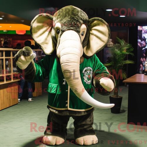 Personnage Mascotte Redbrokoly D Un Mammouth Vert Forêt Habillé D Un Blouson Aviateur Et De Porte-Monnaie