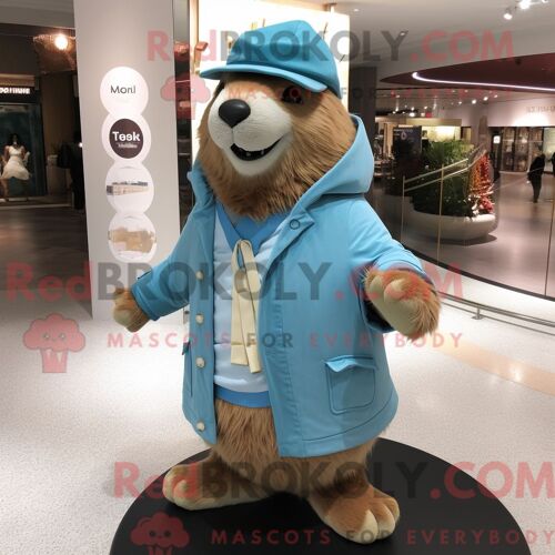Personnage Mascotte Redbrokoly D Un Castor Bleu Ciel Habillé D Un Pantalon Chino Et D Épingles À Châle