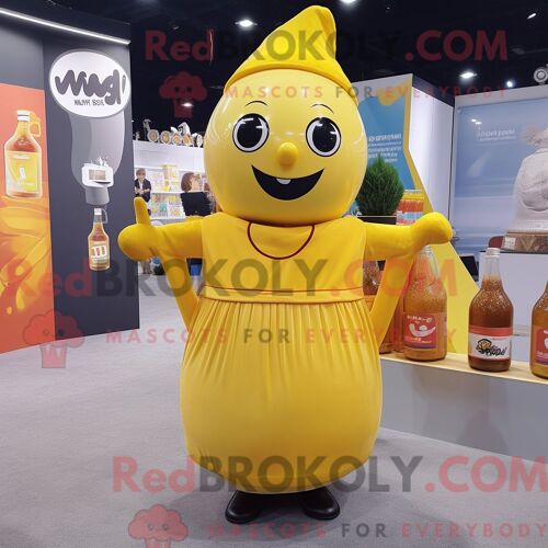 Personnage De Costume De Mascotte Redbrokoly De Bouteille De Moutarde Habillé Avec Une Barboteuse Et Des Écharpes