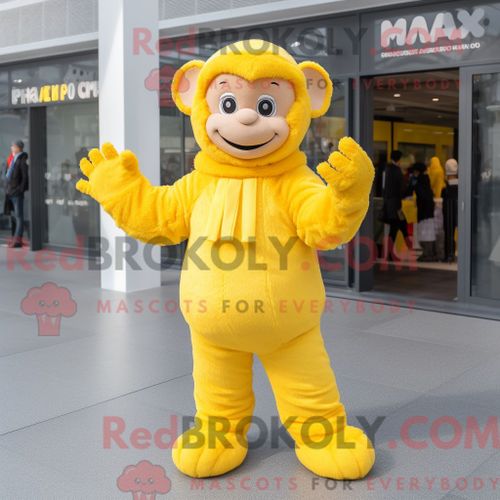 Costume Mascotte Redbrokoly De Singe Jaune Citron Personnage Habillé Avec Un Pantalon Et Des Mitaines