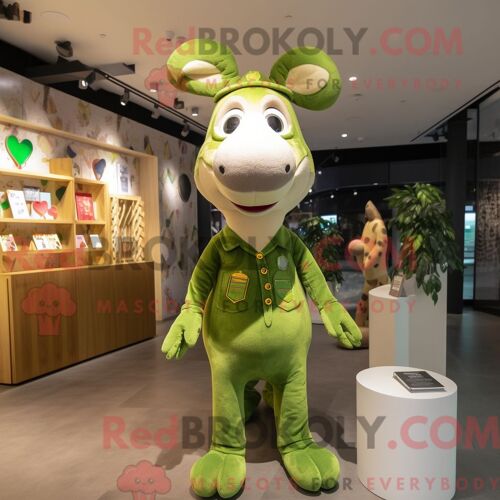 Personnage De Costume De Mascotte Redbrokoly De Girafe Olive Habillé Avec Un T-Shirt À Manches Longues Et Des Broches