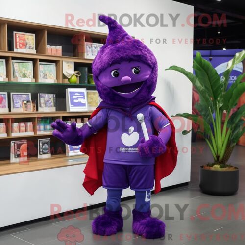 Personnage De Costume De Mascotte Redbrokoly D Épinards Violets Habillé Avec Un T-Shirt À Manches Longues Et Des Portefeuilles