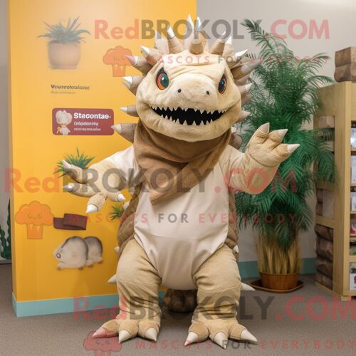 Costume Mascotte Redbrokoly De Stégosaure Beige Personnage Habillé Avec Une Combinaison Et Des Écharpes