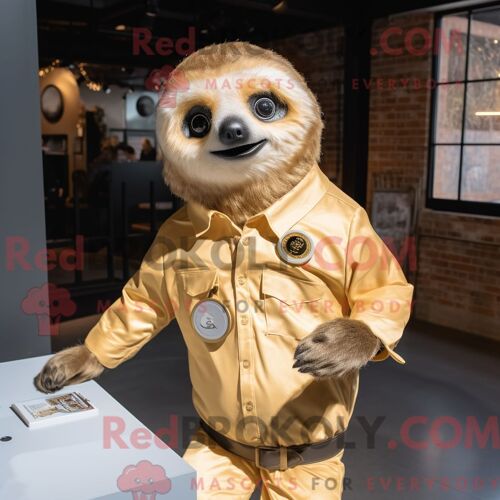 Costume De Mascotte Redbrokoly De Paresseux Doré Habillé D Une Chemise En Popeline Et D Épinglettes