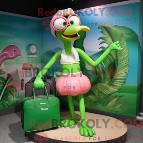 Costume De Mascotte Redbrokoly De Flamant Vert Habillé D Un Bikini Et De Sacs À Main