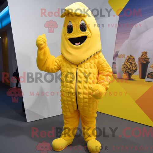Personnage Mascotte Redbrokoly D Un Pop Corn Jaune Habillé D Un Sweat À Capuche Et De Coussinets De Pieds