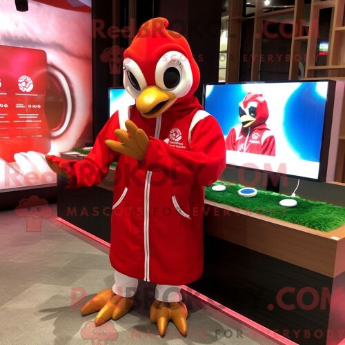 Personnage Mascotte Redbrokoly D Un Cygne Rouge Habillé D Une Parka Et De Montres Bracelet