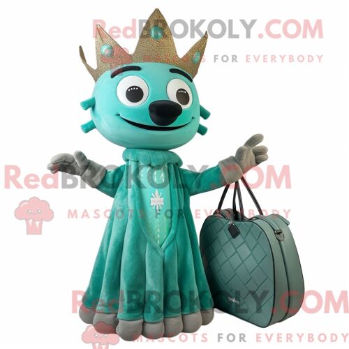 Personnage Mascotte Redbrokoly D Un Roi Bleu Sarcelle Habillé D Une Robe Midi Et De Sacs À Main