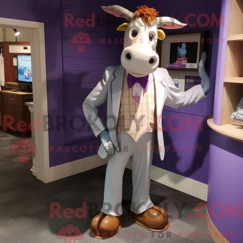 Personnage Mascotte Redbrokoly D Une Vache Lavande De Guernesey Habillée D Un Blazer Et De Pinces À Chaussures