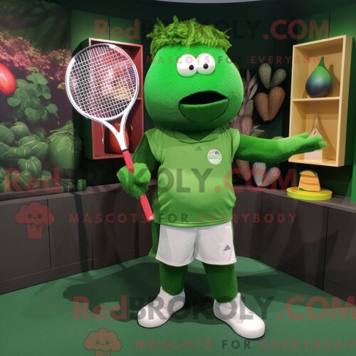 Personnage De Costume De Mascotte Redbrokoly De Raquette De Tennis Vert Forêt Habillé Avec Un T-Shirt À Col En V Et Des Ceintures De Smokin
