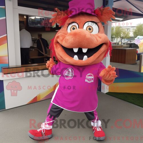 Personnage De Costume De Mascotte Redbrokoly De Sandwich Au Porc Effiloché Magenta Habillé Avec Un Pantalon Capri Et Des Lacets De Chaussur