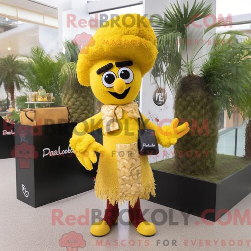 Personnage Mascotte Redbrokoly D Une Tranche De Pizza Marron Habillée D Une Robe De Cocktail Et De Sacs À Dos