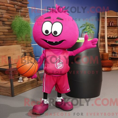 Personnage Mascotte Redbrokoly D Un Violet Orange Habillé D Un T-Shirt De Baseball Et De Sacs À Main