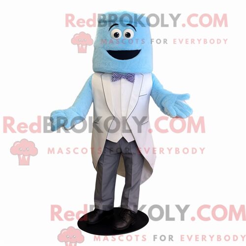 Personnage De Costume De Mascotte Redbrokoly De Gâteau De Mariage Bleu Ciel Habillé Avec Un Pantalon De Costume Et Des Coussinets De Pied