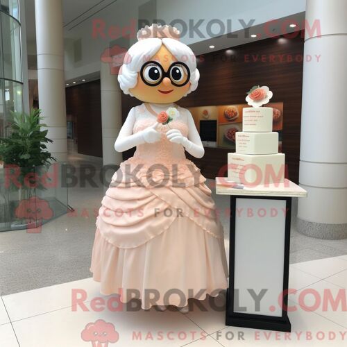 Personnage De Costume De Mascotte Redbrokoly De Gâteau De Mariage De Pêche Habillé Avec Une Jupe Crayon Et Des Lunettes De Lecture