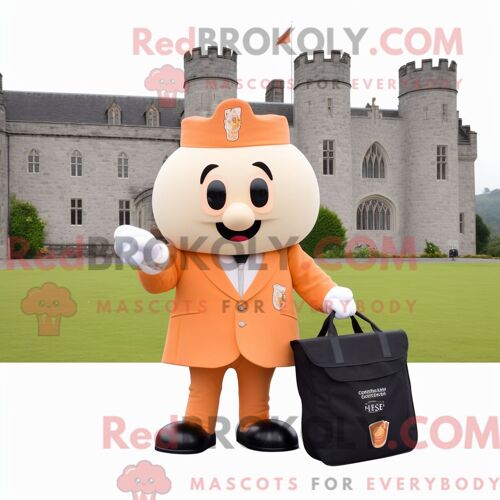 Personnage De Costume De Mascotte Redbrokoly De Château Irlandais De Pêche Habillé D Un Costume Et De Sacs Fourre-Tout