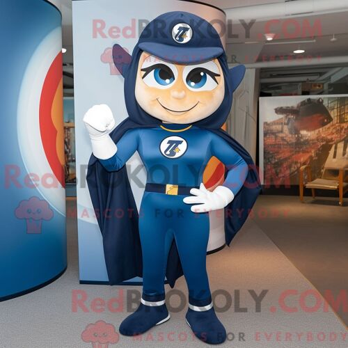 Costume De Mascotte Redbrokoly De Super-Héros Bleu Marine Habillé D Une Mini-Robe Et De Bonnets