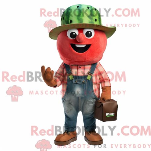 Personnage De Costume De Mascotte Redbrokoly De Pastèque Rouille Habillé D Une Salopette Et De Portefeuilles