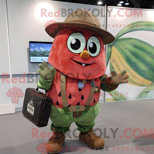 Personnage De Costume De Mascotte Redbrokoly De Pastèque Rouille Habillé D Une Salopette Et De Portefeuilles